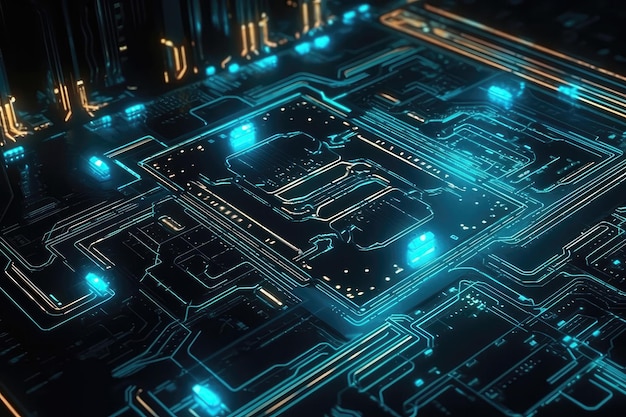 Futuristic Digital Circuit Board With Glowing Neon Lights Generative AI