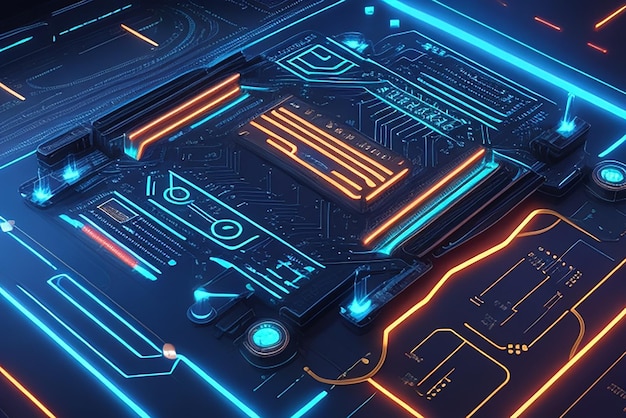 Futuristic digital circuit pattern with glowing accents for a tech conference banner
