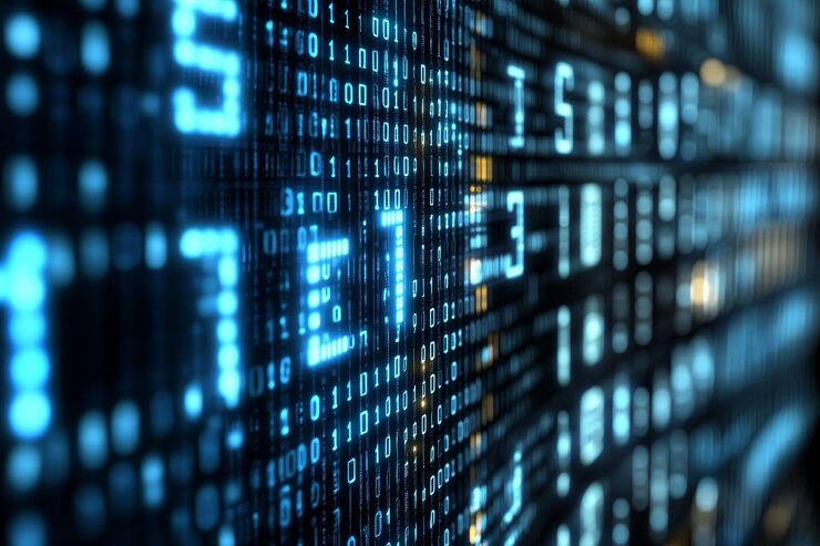 Photo futuristic digital data matrix display with flowing binary code elements creating an immersive technology background for datadriven concepts and illustrations