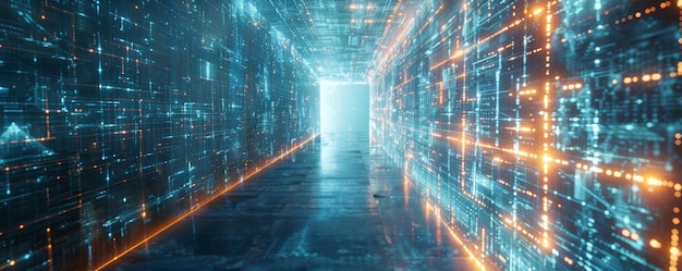 Futuristic Digital Data Tunnel with Glowing Lights and HighTech Patterns