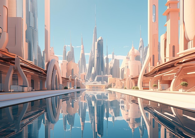 A futuristic digital illustration of a peachcolored cityscape with sleek and modern architecture