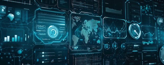 データの視覚化 世界地図と技術のための様々な分析を備えた未来的なデジタルインターフェース