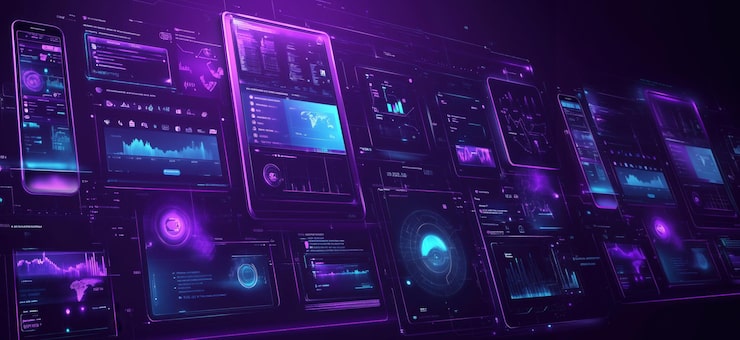 Photo futuristic digital interface with data visualizations graphs and analytics multiple screens displaying technology metrics user interfaces and global data copy space for text