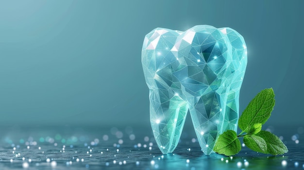 В футуристическом цифровом многоугольном стиле на синем фоне зуб изображает лист мяты в попытке передать идею чистоты и свежести во рту Современная иллюстрация