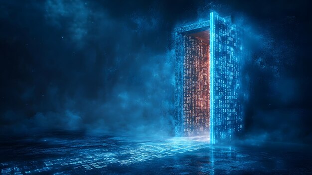 futuristic digital portal with binary code glowing doorway to cyberspace technology data transfer