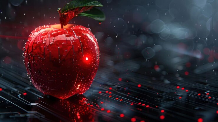 Photo futuristic digital red apple fruit with circuit big data technology ai generated image