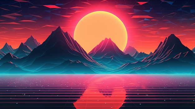 Futuristic digital render in cyber landscape with big low sun Synthwave style