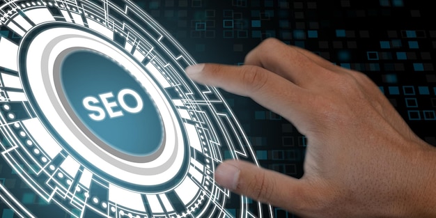 Futuristic digital seo text strategy computer influencer and search engine optimization banner
