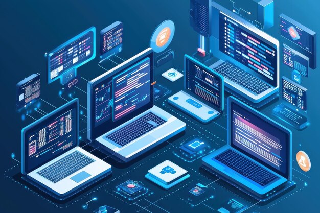 Futuristic digital workspace with multiple screens and devices ...