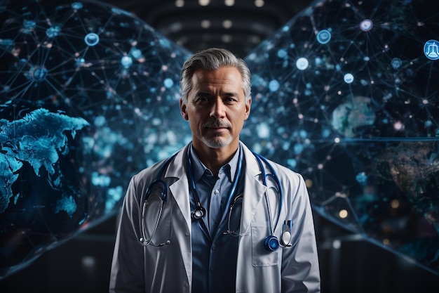 A futuristic doctor a virtual globe of healthcare networks works tirelessly to advance medical science