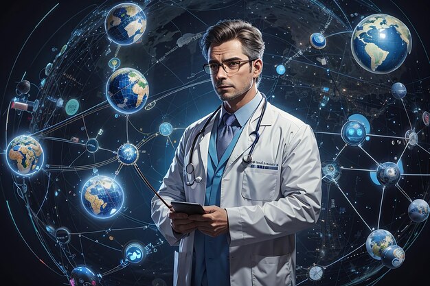 Photo a futuristic doctor a virtual globe of healthcare networks works tirelessly to advance medical science