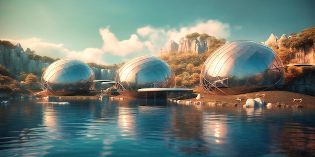 Futuristic domes for housing on a lake
