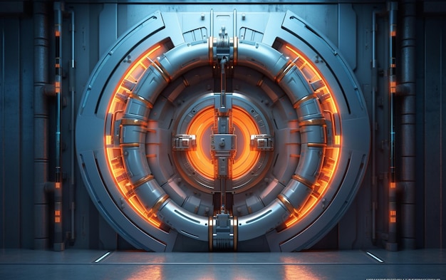 A futuristic door with a glowing orange circle inside.