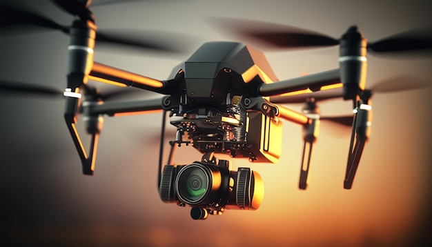 Futuristic drone captures aerial sunset with expertise generated by AI