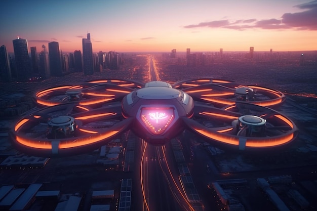 Photo futuristic drone captures aerial view at sunset