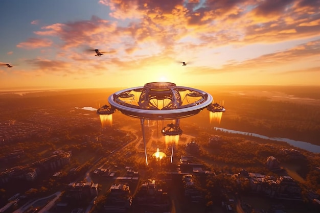 Photo futuristic drone captures aerial view at sunset