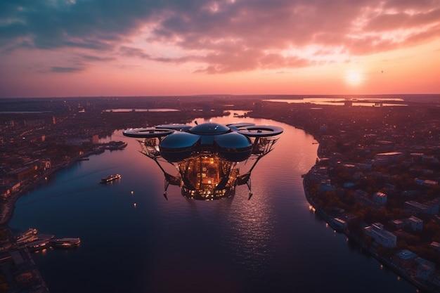 Photo futuristic drone captures aerial view at sunset