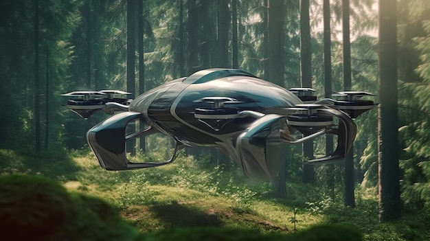 Futuristic drone car flies into the forest among the trees