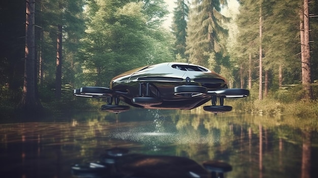 Futuristic drone car flies into the forest among the trees