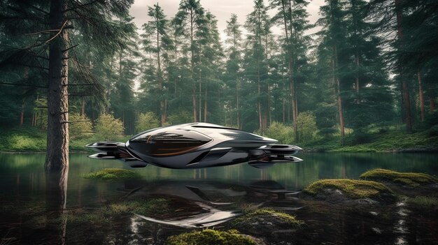 Futuristic drone car flies into the forest among the trees