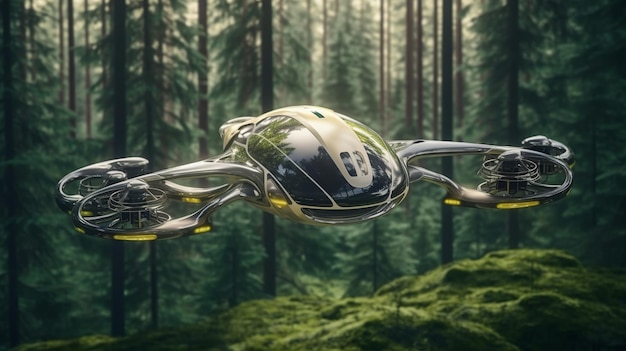 Futuristic drone car flies into the forest among the trees