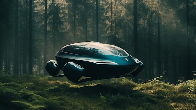 Futuristic drone car flies into the forest among the trees