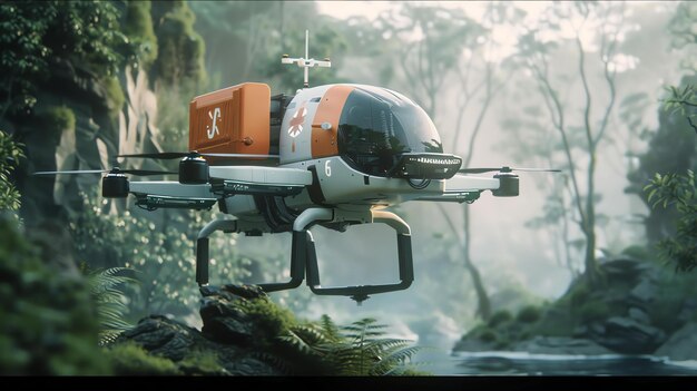 Foto un drone futuristico vola attraverso una foresta lussureggiante il drone sta trasportando un contenitore di rifornimenti medici il drone è bianco e arancione con un design elegante