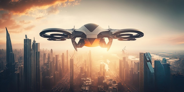 Futuristic drone flying over a big city AIGenerated