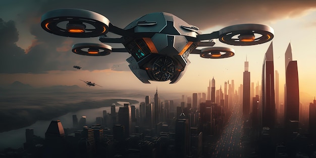 Futuristic drone flying over a big city AIGenerated