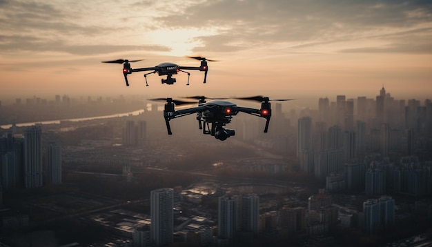 Futuristic drone hovering mid air filming cityscape at sunset generated by artificial intelligence