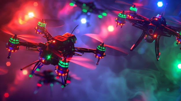 Foto futuristic drone races scatti dettagliati di corse futuristiche di droni e competizioni aeree illuminate da luci al neon che mostrano l'illustrazione generata dall'ai