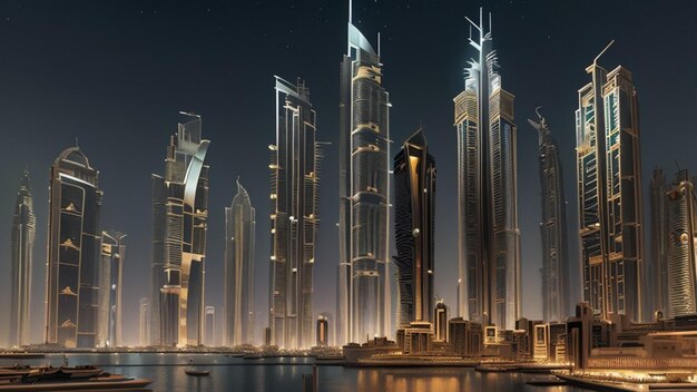 未来的なドバイ都市の高層ビルの未来の世界のコンセプト