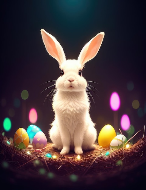 Futuristic Easter bunnies in neon light Generative AI