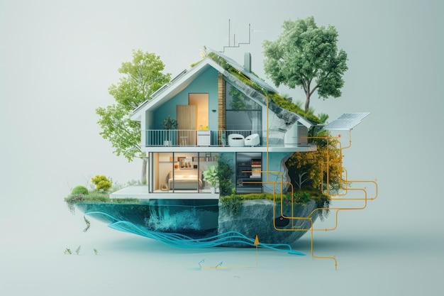 통합된 녹색 에너지를 가진 미래의 친환경 주택: 녹색 지붕과 태양 패널을 가진 미래의 환경 친화적인 주택의 에너지 효율성을 보여주는 인포그래픽 스타일의 이미지