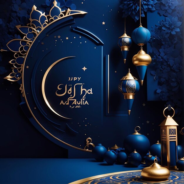 Photo futuristic eid al adha mubarak social media post design vibrant midnight blue background