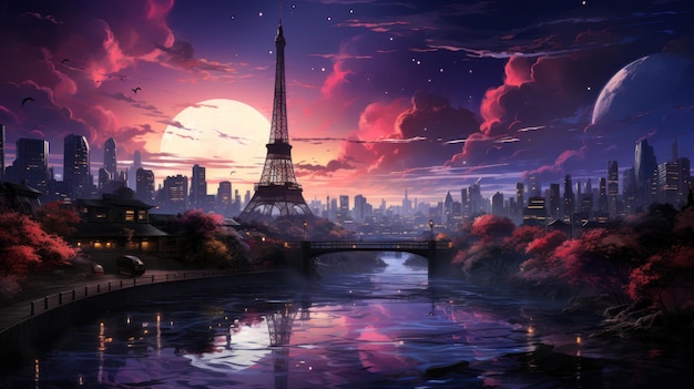 미래의 에펠탑은 아메티스트 도시 풍경으로 생성 인공지능으로 장식되었습니다.