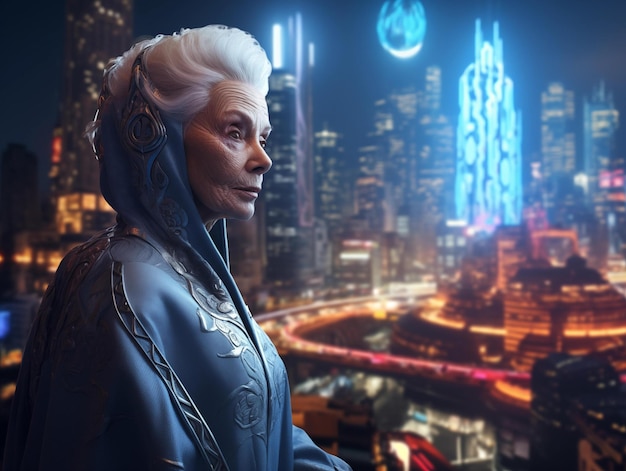 Photo a futuristic elder observes the neon city at nighttime