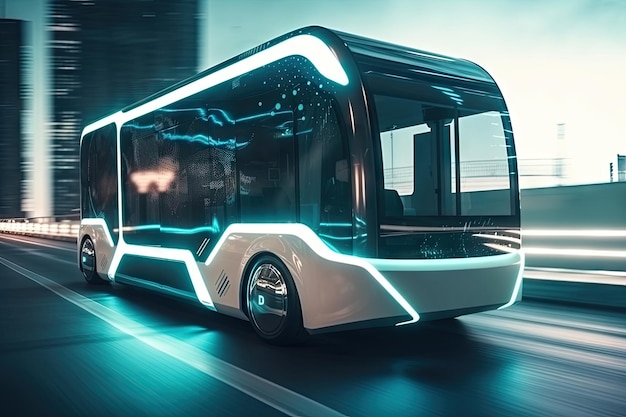 Futuristic electric bus in motion with sleek design and futuristic details