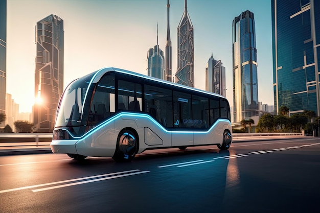 Futuristic electric bus zooming past towering skyscrapers with city in the background