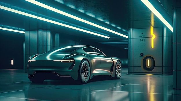 A futuristic electric car is connected to a charging station in the underground parking of the business center Automotive technology concept Generative Ai