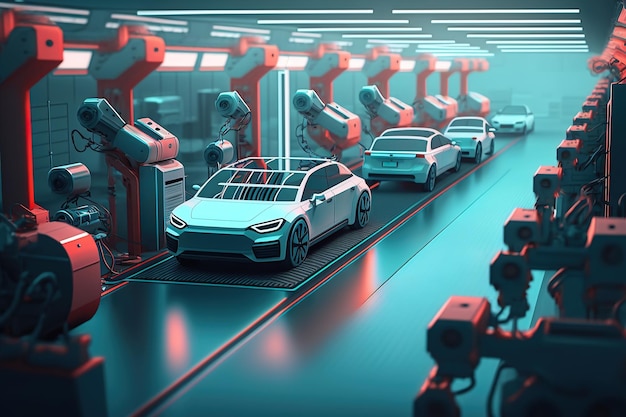 Futuristic electric car production line Generative ai