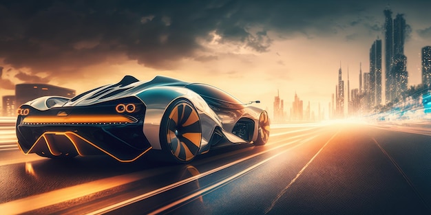 Futuristic electric car super car driving on city highway road with motion blur