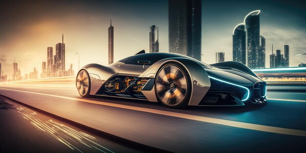 Futuristic electric car super car driving on city highway road with motion blur