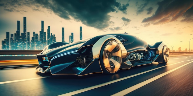 Futuristic electric car super car driving on city highway road with motion blur