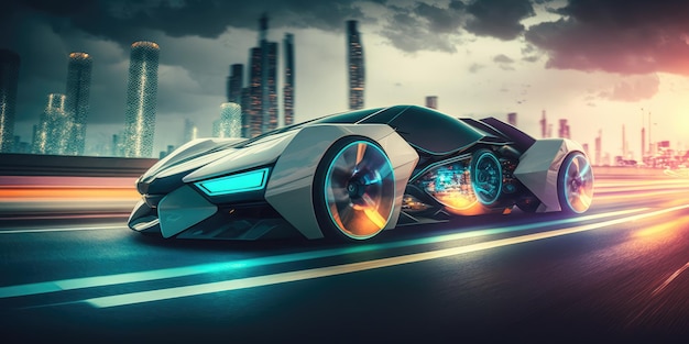 Futuristic electric car super car driving on city highway road with motion blur