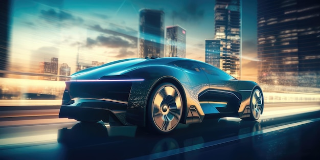 Futuristica auto elettrica super car guida su strada autostradale con sfocatura di movimento