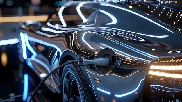 Футуристическая поверхность электрического автомобиля в отражении Взгляд на устойчивый транспорт