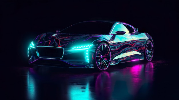 Futuristic electric car with neon lighting on the black background AIgenerated