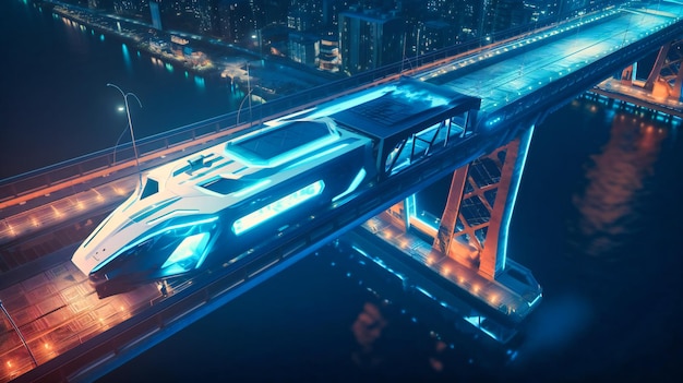 Photo a futuristic electric cargo transport transporting goods across a futuristic city bridge