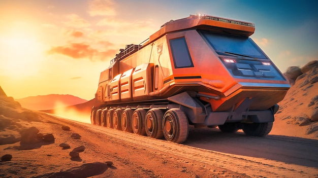 A futuristic electric cargo transport vehicle on a remote desert road showcasing durability and reliability